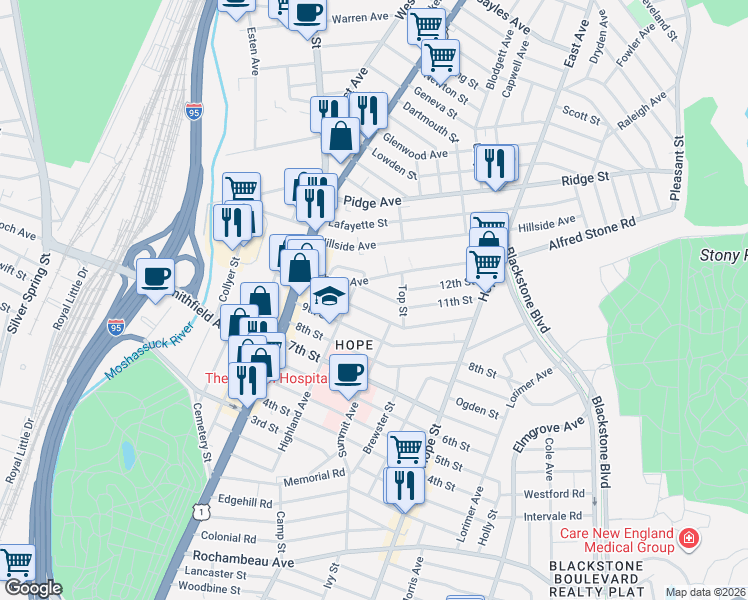map of restaurants, bars, coffee shops, grocery stores, and more near 84 10th Street in Providence
