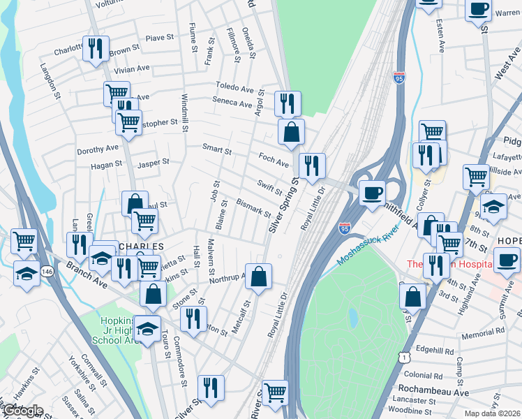 map of restaurants, bars, coffee shops, grocery stores, and more near 40 Brockton Street in Providence