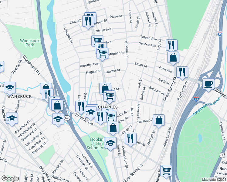 map of restaurants, bars, coffee shops, grocery stores, and more near 32 Peter Street in Providence