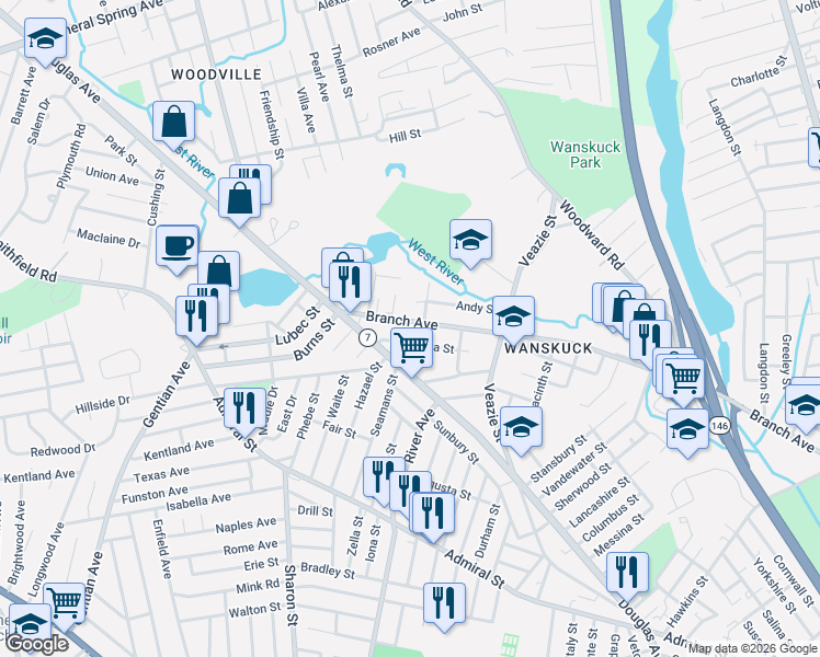 map of restaurants, bars, coffee shops, grocery stores, and more near 98 Henrietta Street in Providence
