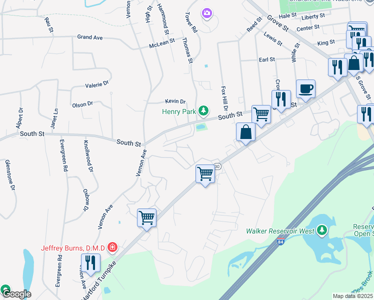 map of restaurants, bars, coffee shops, grocery stores, and more near 125 South Street in Vernon