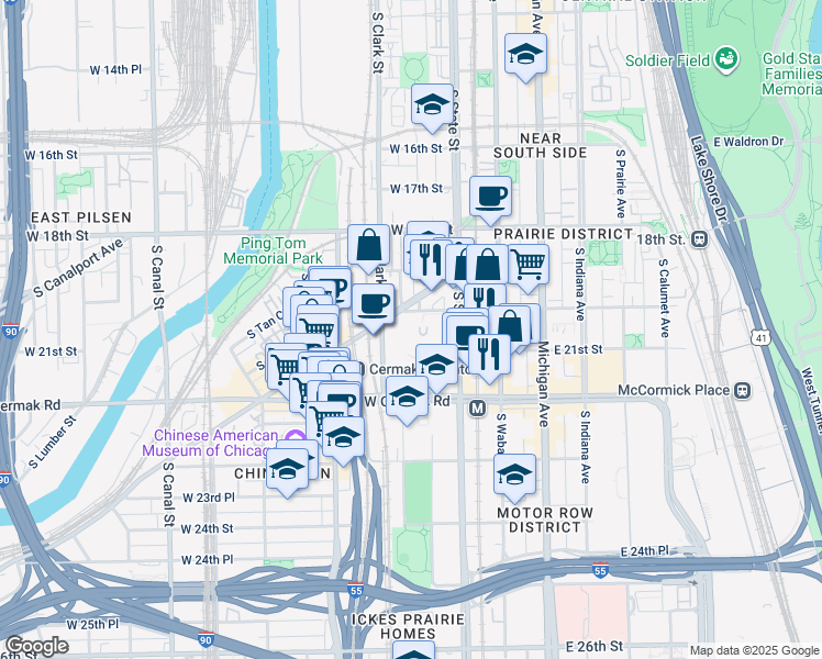 map of restaurants, bars, coffee shops, grocery stores, and more near 2031 South Clark Street in Chicago