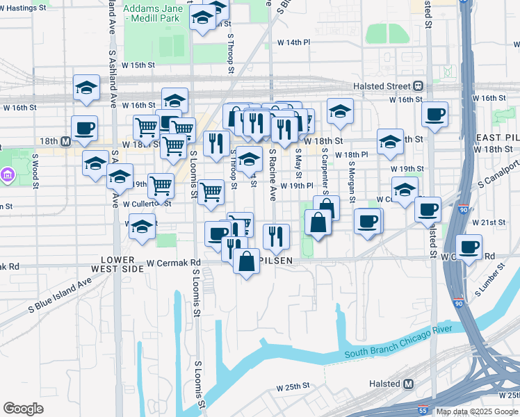 map of restaurants, bars, coffee shops, grocery stores, and more near 1212 West 21st Street in Chicago