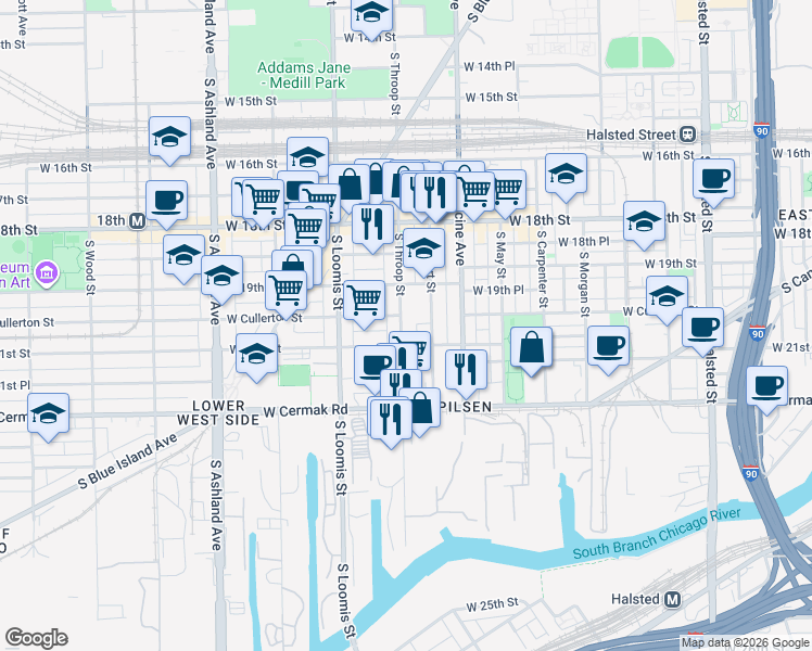 map of restaurants, bars, coffee shops, grocery stores, and more near 2023 South Throop Street in Chicago