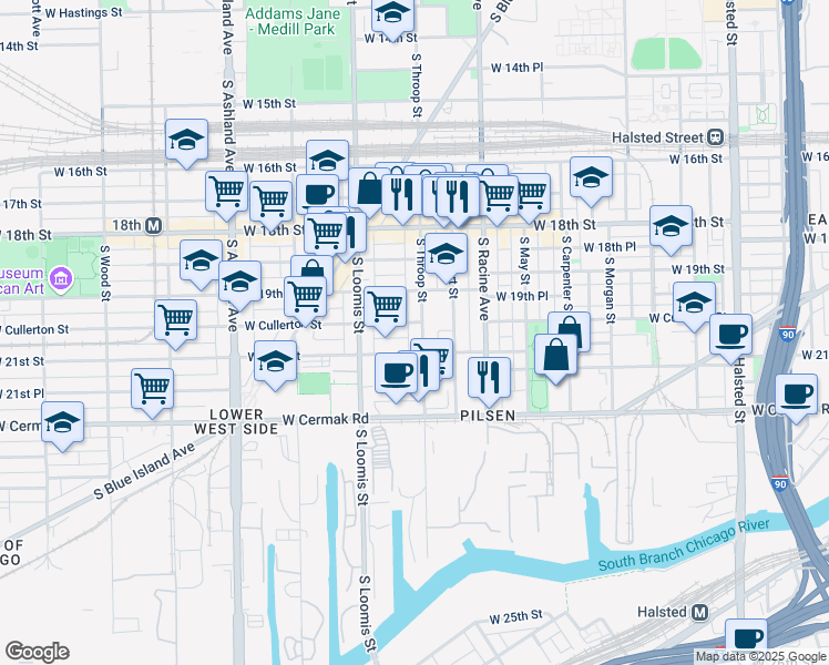 map of restaurants, bars, coffee shops, grocery stores, and more near 2023 South Throop Street in Chicago