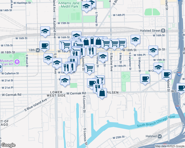 map of restaurants, bars, coffee shops, grocery stores, and more near 1314 West 21st Street in Chicago