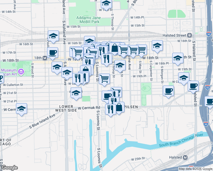 map of restaurants, bars, coffee shops, grocery stores, and more near 1314 West 21st Street in Chicago
