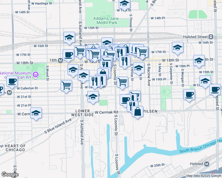 map of restaurants, bars, coffee shops, grocery stores, and more near 2018 South Loomis Street in Chicago