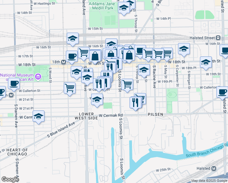 map of restaurants, bars, coffee shops, grocery stores, and more near 2018 South Loomis Street in Chicago