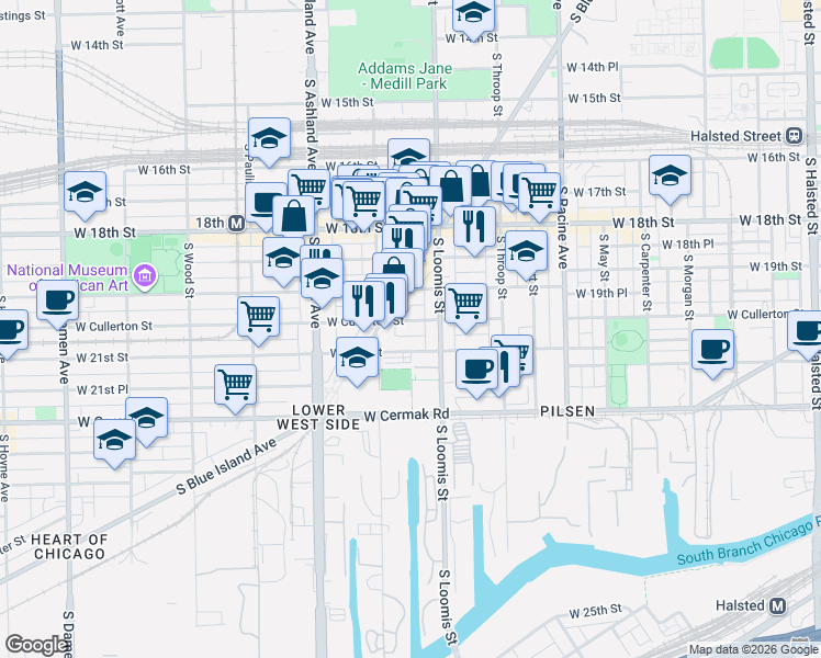 map of restaurants, bars, coffee shops, grocery stores, and more near 1444 West 21st Street in Chicago