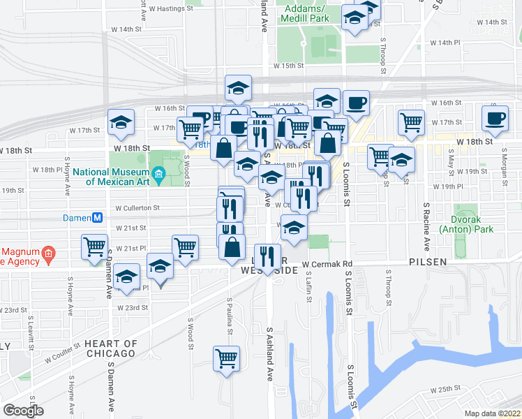 map of restaurants, bars, coffee shops, grocery stores, and more near 2018 South Ashland Avenue in Chicago