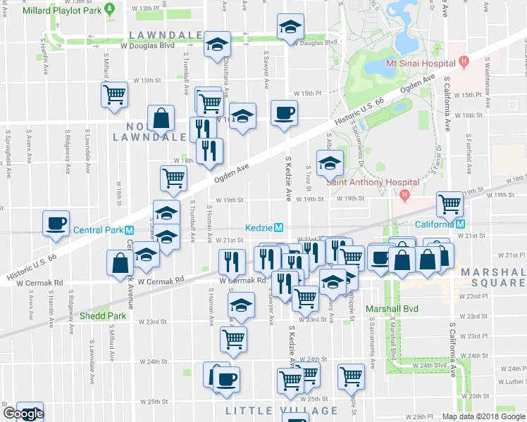 map of restaurants, bars, coffee shops, grocery stores, and more near 1931 South Sawyer Avenue in Chicago