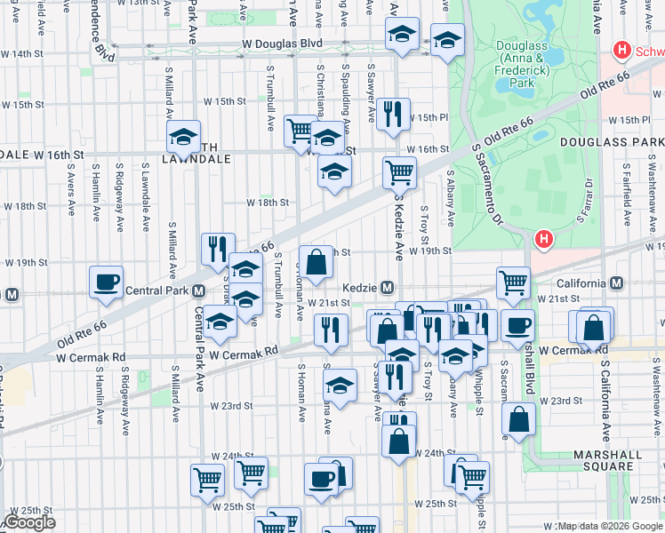 map of restaurants, bars, coffee shops, grocery stores, and more near 1928 South Spaulding Avenue in Chicago