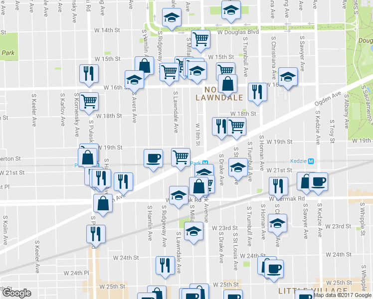 map of restaurants, bars, coffee shops, grocery stores, and more near 1919 South Lawndale Avenue in Chicago