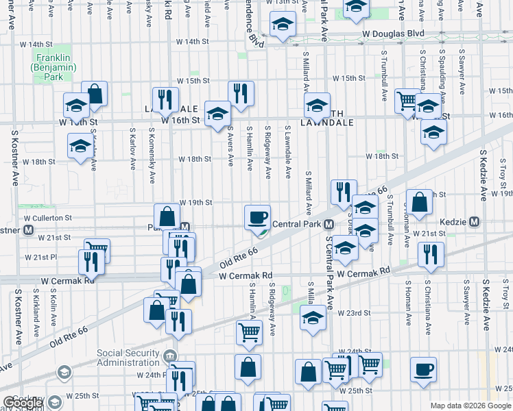map of restaurants, bars, coffee shops, grocery stores, and more near 1918 South Hamlin Avenue in Chicago