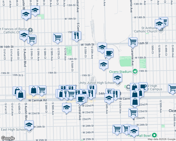 map of restaurants, bars, coffee shops, grocery stores, and more near 1844 South 55th Avenue in Cicero