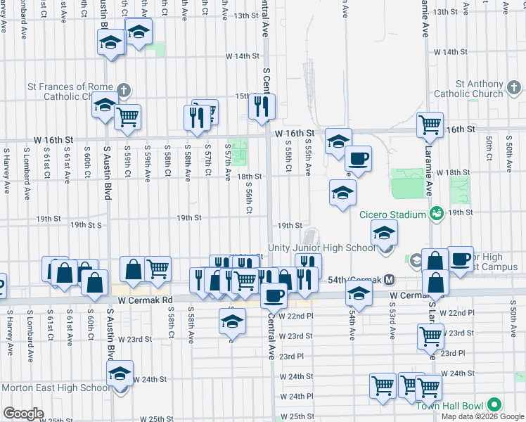map of restaurants, bars, coffee shops, grocery stores, and more near 1901 South 56th Court in Cicero