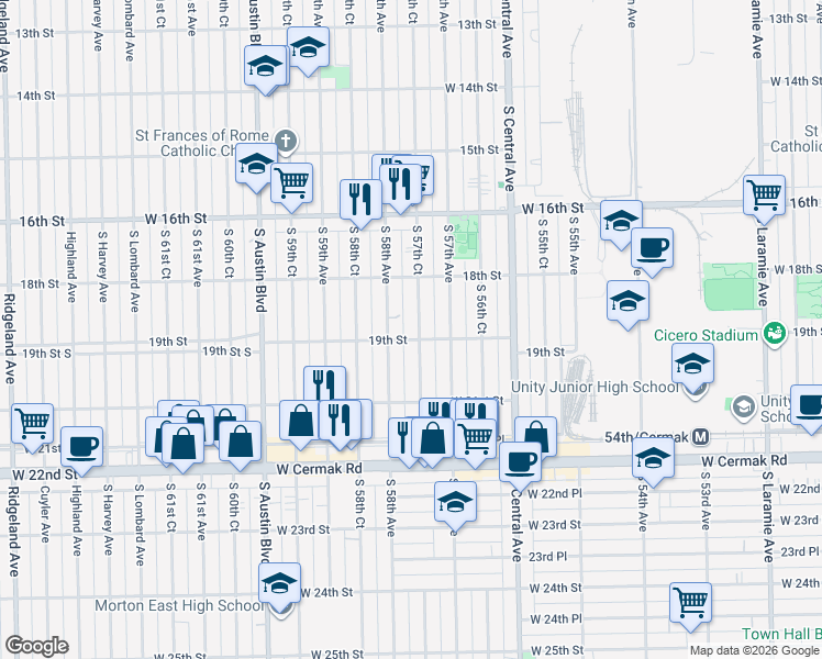 map of restaurants, bars, coffee shops, grocery stores, and more near 1900 South 57th Court in Cicero