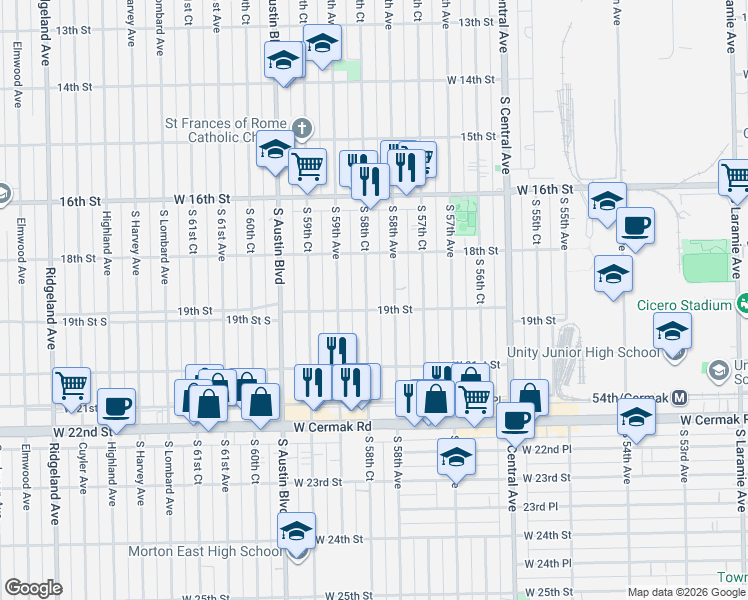 map of restaurants, bars, coffee shops, grocery stores, and more near 1836 West 19th Street in Cicero