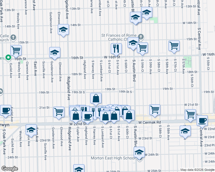 map of restaurants, bars, coffee shops, grocery stores, and more near 6142 West 19th Street in Cicero