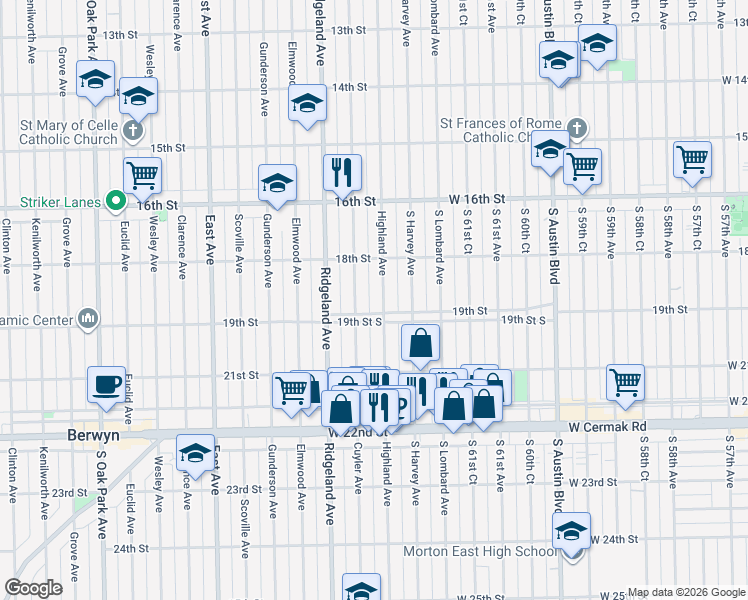 map of restaurants, bars, coffee shops, grocery stores, and more near 6303 19th Street in Berwyn
