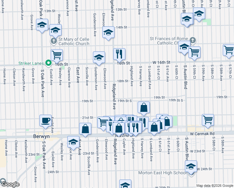map of restaurants, bars, coffee shops, grocery stores, and more near 1848 Cuyler Avenue in Berwyn