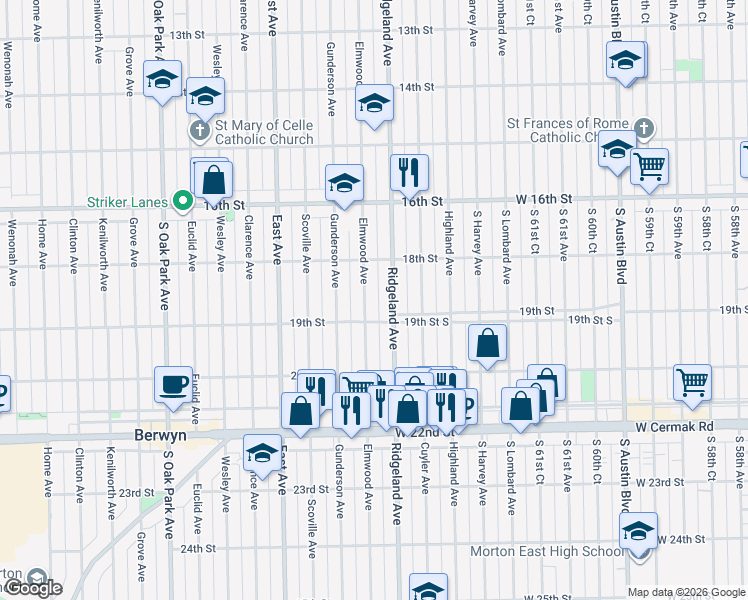 map of restaurants, bars, coffee shops, grocery stores, and more near 1845 Elmwood Avenue in Berwyn