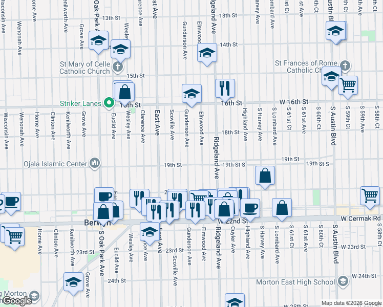 map of restaurants, bars, coffee shops, grocery stores, and more near 1849 Gunderson Avenue in Berwyn