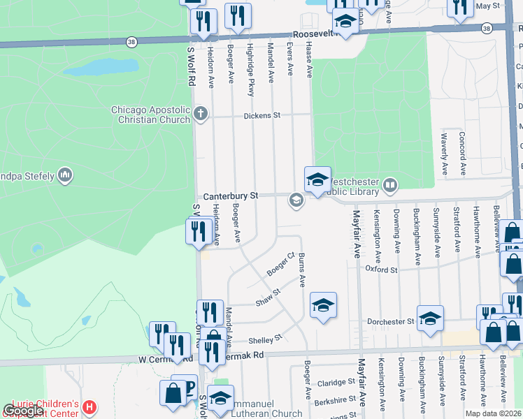 map of restaurants, bars, coffee shops, grocery stores, and more near 1624 Mandel Avenue in Westchester