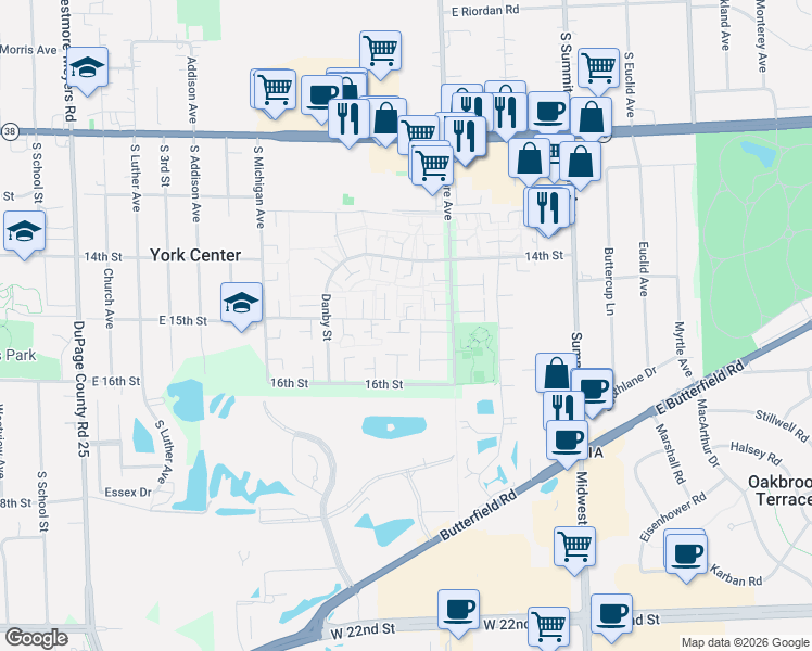map of restaurants, bars, coffee shops, grocery stores, and more near 18W089 Williamsburg Lane in Villa Park