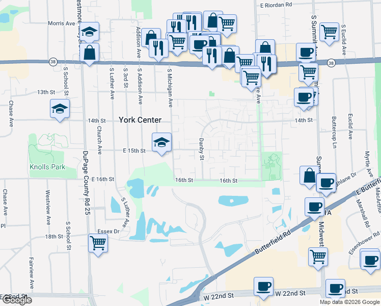 map of restaurants, bars, coffee shops, grocery stores, and more near 1S282 Ingersoll Lane in Villa Park