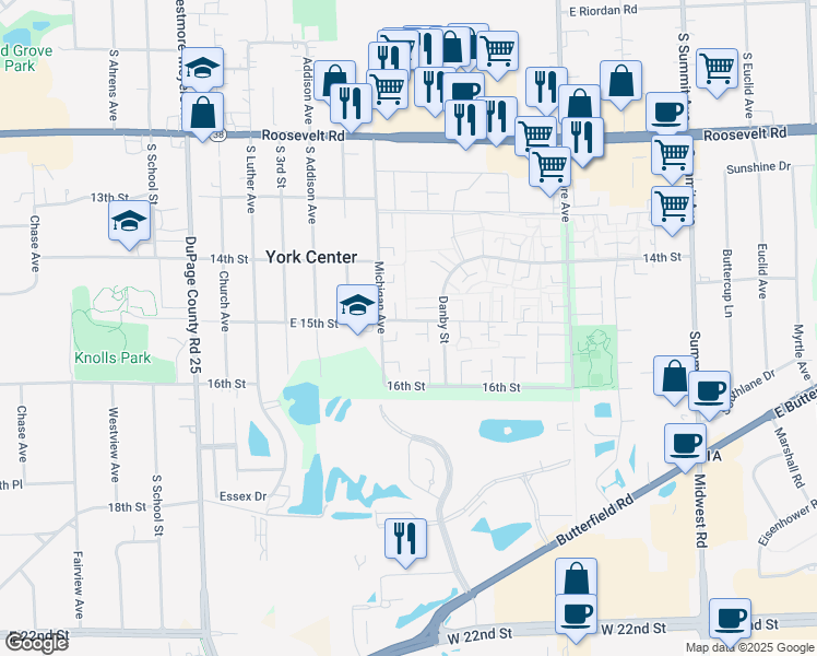 map of restaurants, bars, coffee shops, grocery stores, and more near 1S282 Ingersoll Lane in Villa Park