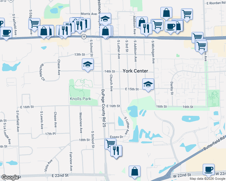 map of restaurants, bars, coffee shops, grocery stores, and more near 15320 Church Avenue in Lombard