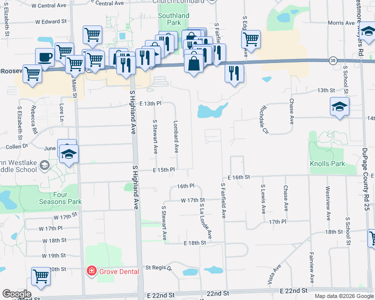 map of restaurants, bars, coffee shops, grocery stores, and more near 1461 Lombard Avenue in Lombard