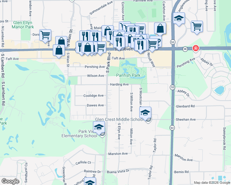 map of restaurants, bars, coffee shops, grocery stores, and more near 134 South Ellyn Avenue in Glen Ellyn