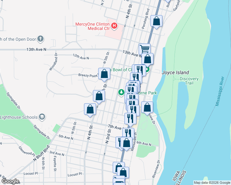 map of restaurants, bars, coffee shops, grocery stores, and more near 900-998 N 3rd St in Clinton
