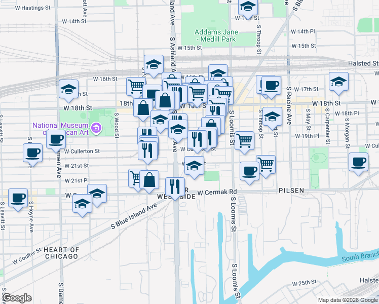 map of restaurants, bars, coffee shops, grocery stores, and more near 2024 South Blue Island Avenue in Chicago