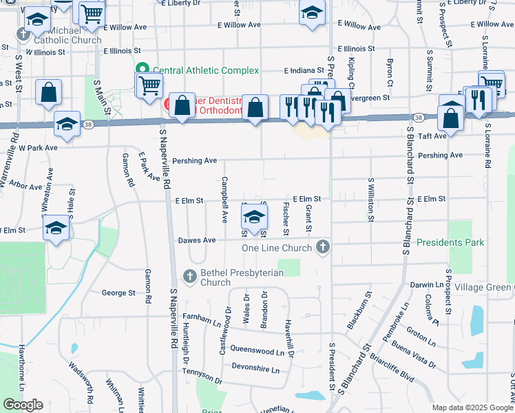 map of restaurants, bars, coffee shops, grocery stores, and more near 1118 South Chase Street in Wheaton
