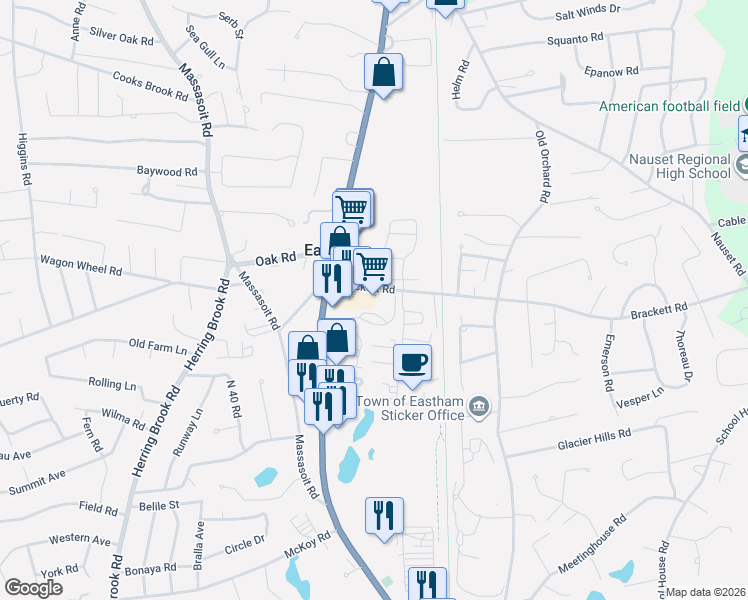 map of restaurants, bars, coffee shops, grocery stores, and more near 100 Brackett Road in Eastham
