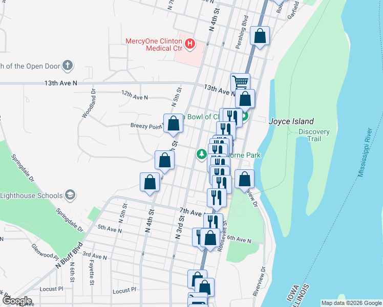 map of restaurants, bars, coffee shops, grocery stores, and more near 900-998 N 3rd St in Clinton