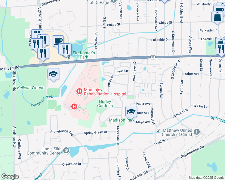 map of restaurants, bars, coffee shops, grocery stores, and more near 1079 Creekside Drive in Wheaton