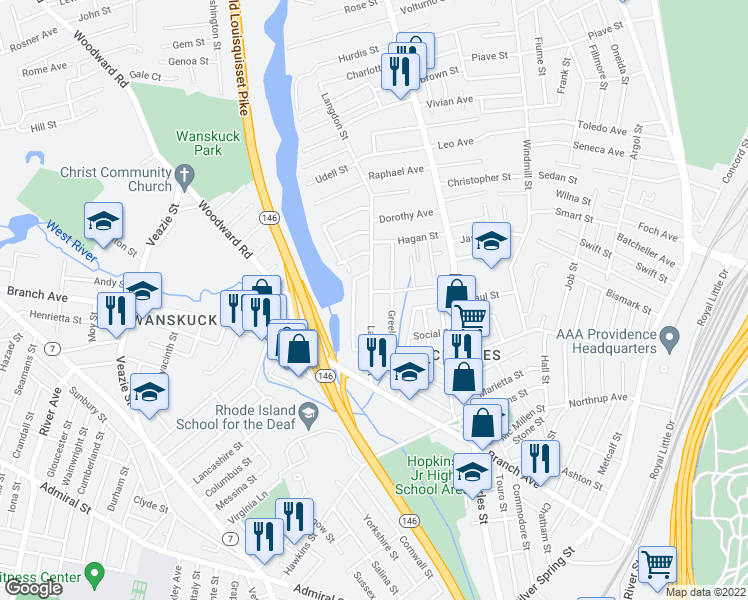 map of restaurants, bars, coffee shops, grocery stores, and more near 99 Langdon Street in Providence