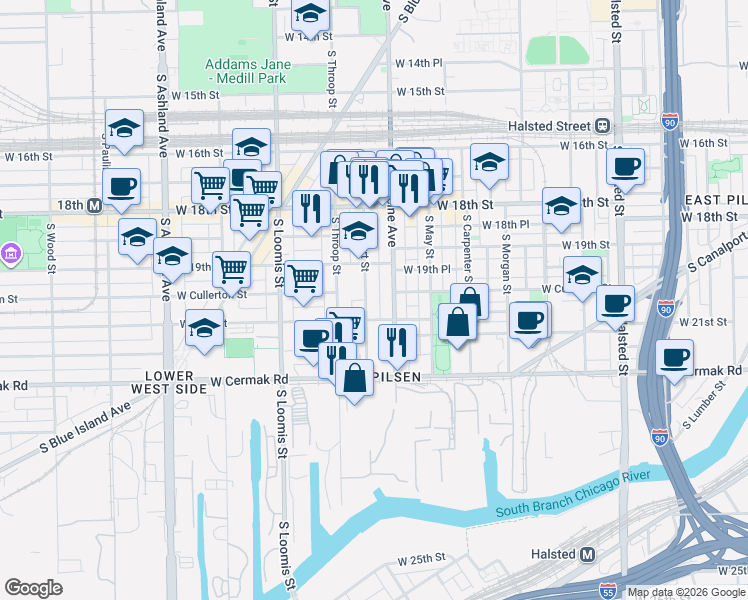 map of restaurants, bars, coffee shops, grocery stores, and more near 1212 West 21st Street in Chicago