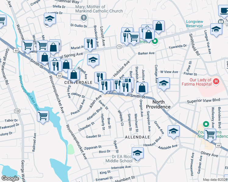 map of restaurants, bars, coffee shops, grocery stores, and more near 1815 Smith Street in North Providence