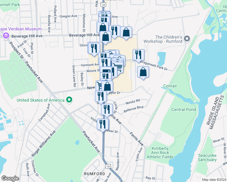 map of restaurants, bars, coffee shops, grocery stores, and more near 11 Taylor Drive in East Providence