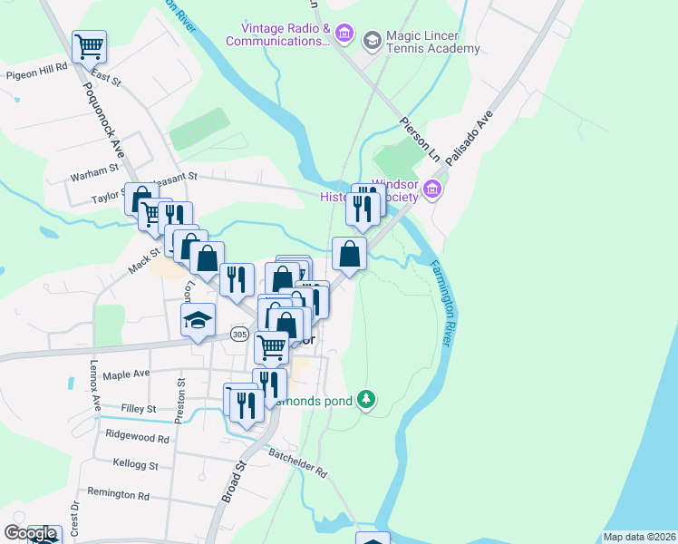 map of restaurants, bars, coffee shops, grocery stores, and more near 11 Palisado Avenue in Windsor