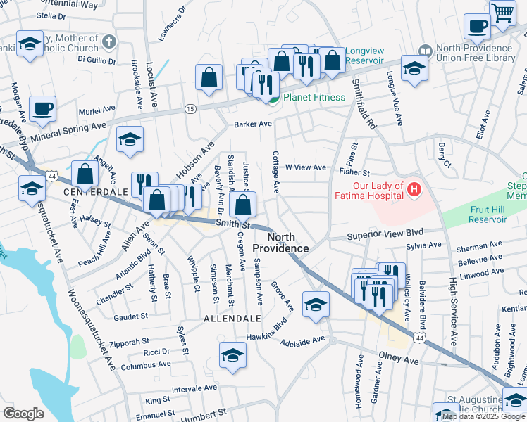 map of restaurants, bars, coffee shops, grocery stores, and more near 1711 Smith Street in North Providence