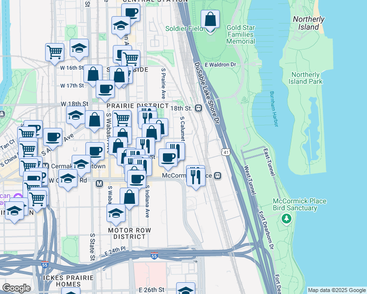 map of restaurants, bars, coffee shops, grocery stores, and more near 2018 South Calumet Avenue in Chicago