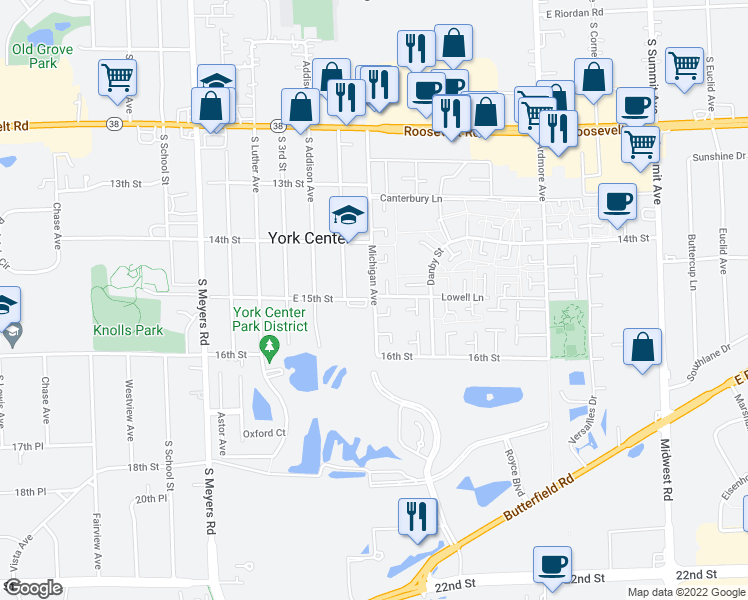map of restaurants, bars, coffee shops, grocery stores, and more near Michigan Ave & 15th St in DuPage