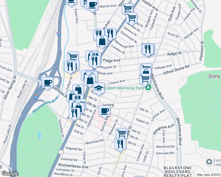map of restaurants, bars, coffee shops, grocery stores, and more near 84 10th Street in Providence